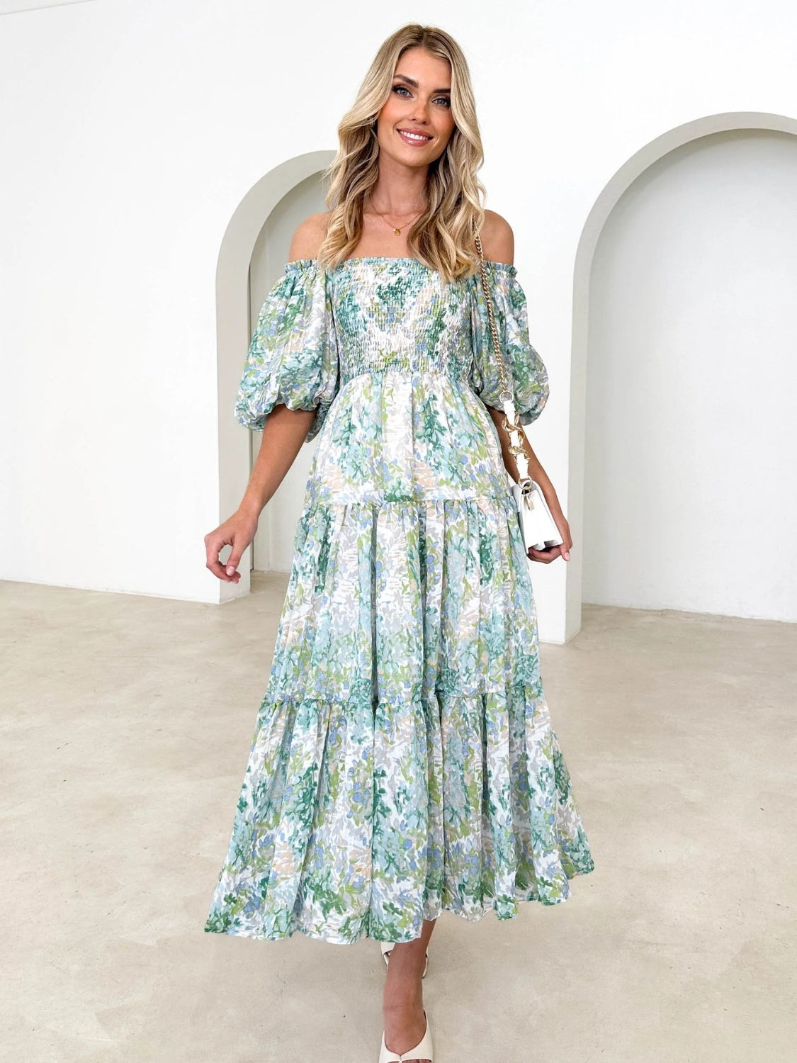 Prinzi Printed Smocked Off-Shoulder Tiered Dress