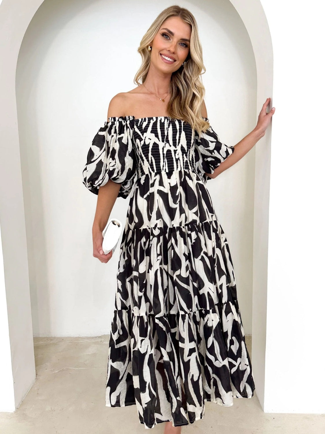 Prinzi Printed Smocked Off-Shoulder Tiered Dress