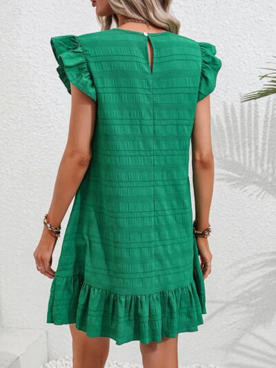 Remy Ruffled Round Neck Cap Sleeve Mini Dress Green Dress