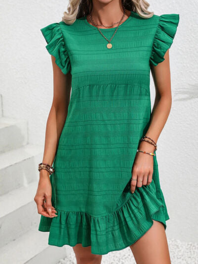 Remy Ruffled Round Neck Cap Sleeve Mini Dress Green Dress