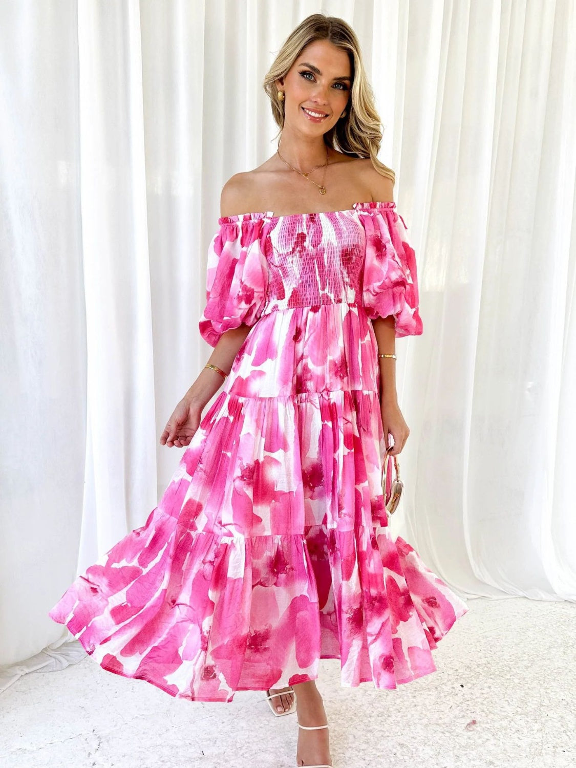 Prinzi Printed Smocked Off-Shoulder Tiered Dress
