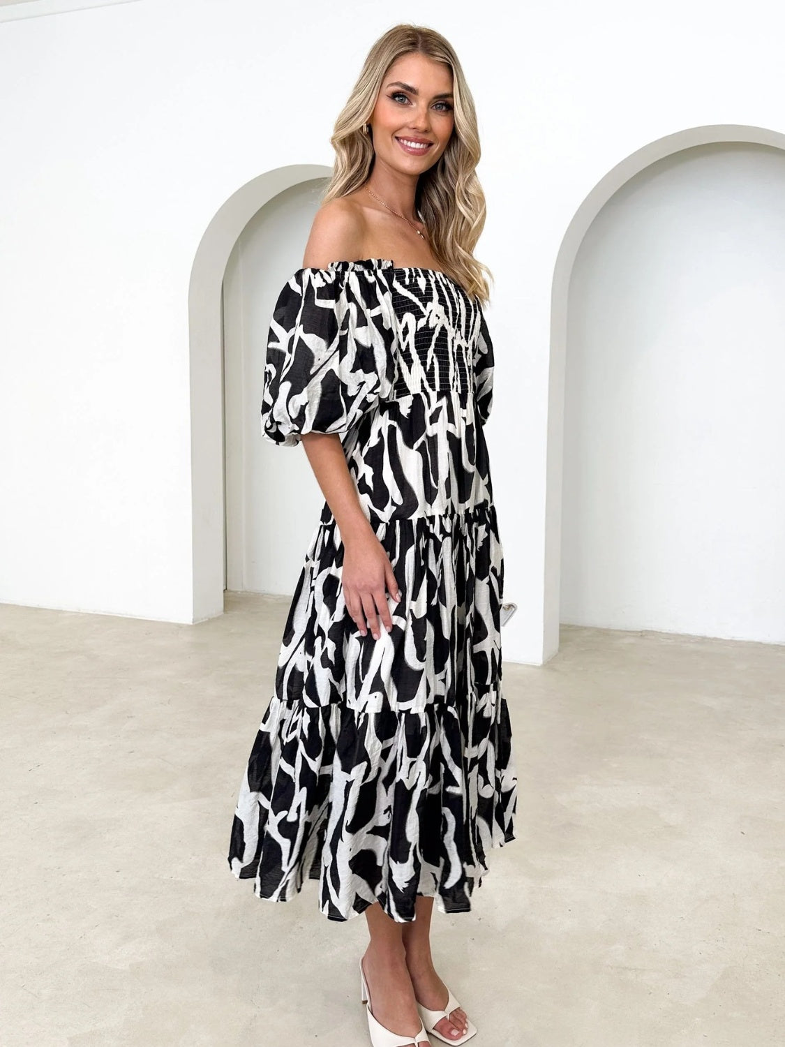 Prinzi Printed Smocked Off-Shoulder Tiered Dress