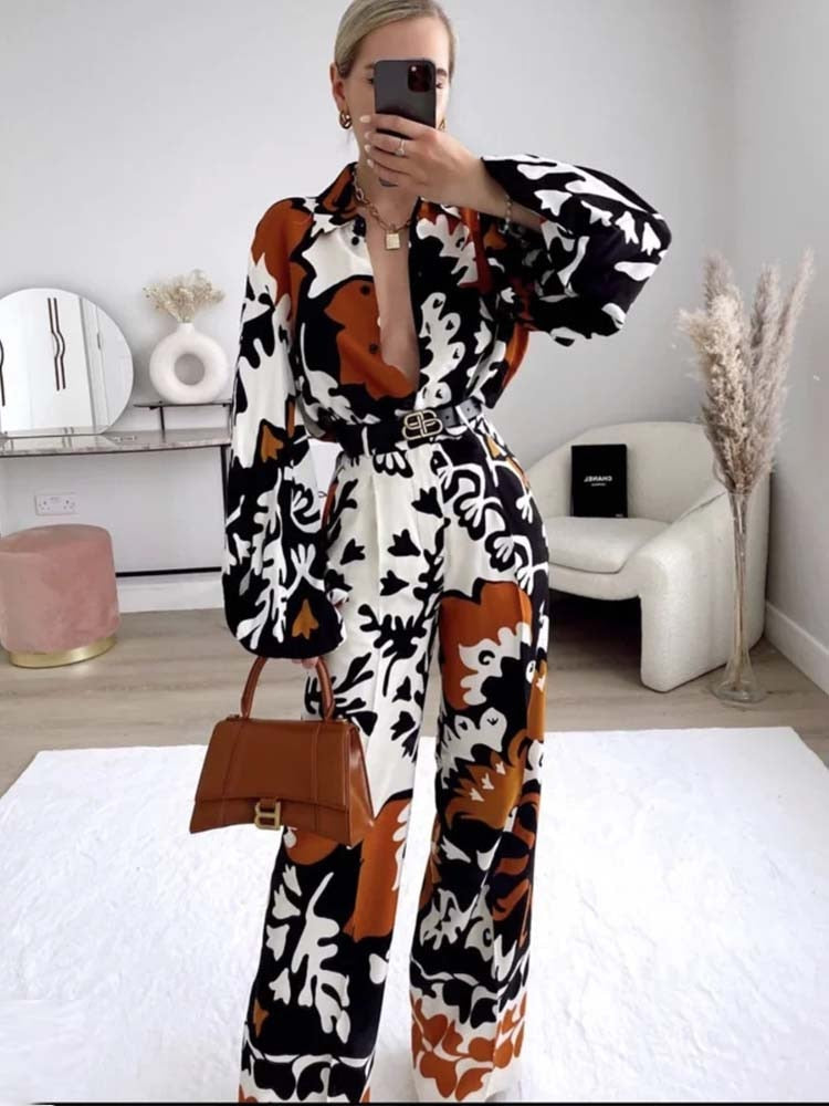 Mighty Lifestyle Exotic Print Pant Set | Women’s Two-Piece Chiffon Fashion Set | Printed Shirt & Long Sleeve Cardigan