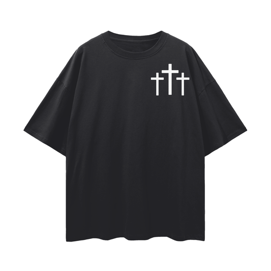 Three Cross Triple Cross Stop Playing Faith Based Oversize Deep Drop Shoulder Tee - 190 GSM