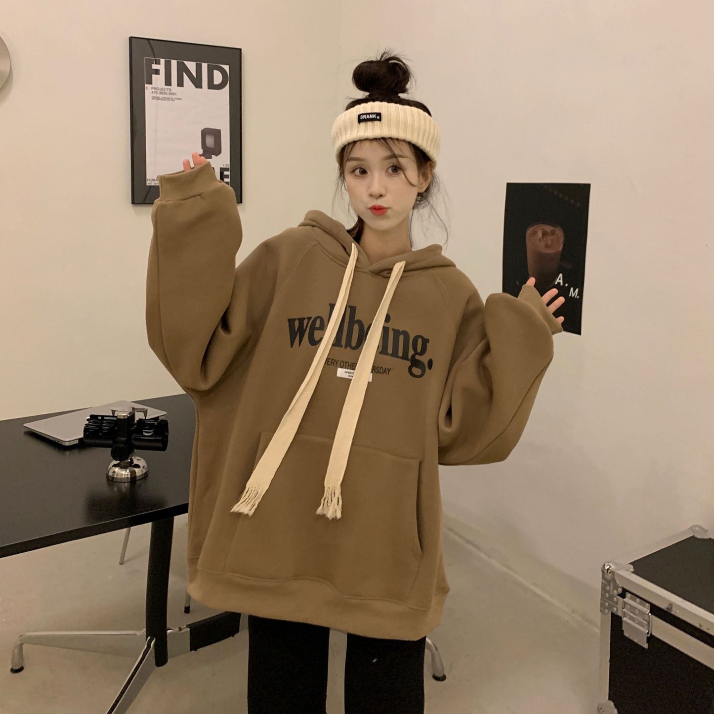 Hooded Sweatshirt Women Oversized Streetwear Casual Top with Fleece