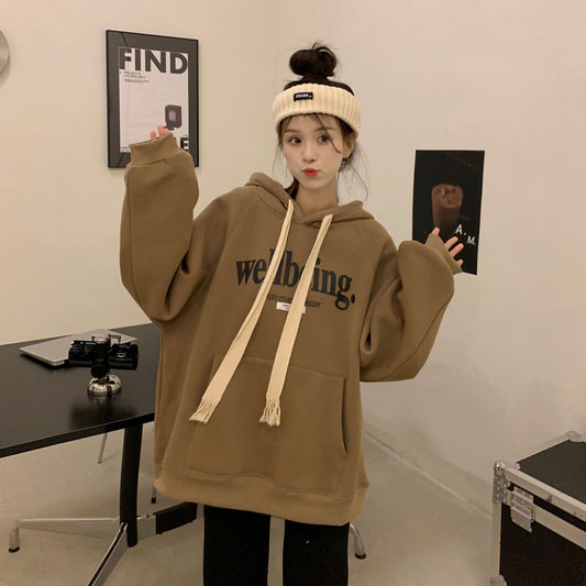 Hooded Sweatshirt Women Oversized Streetwear Casual Top with Fleece