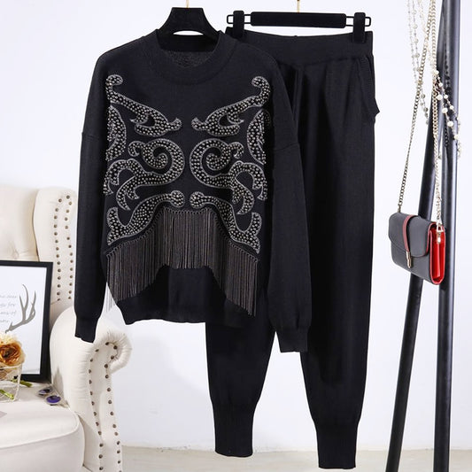 ML Knitting Outfits Women Handwork Beading Chain Tassel Sweater Long Pants Two Piece Set Female Loose Casual Black Knitted Suit 2pc