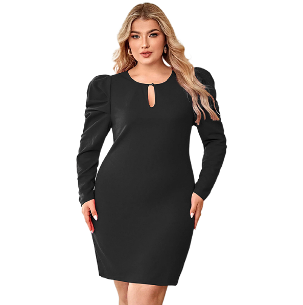 Henrietta Hollow Waist Wrap Hip Dress — Black Solid Knitted A-Line Short Skirt Dress for Women | Plus Size Fashion Dress with Hollow Out & Sheep Leg Sleeves