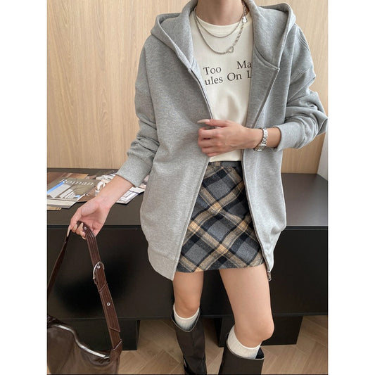 Neutral Minimalist Oversized Hooded Sweatshirt Jacket – Unisex Zipper Hoodie | Chic Commuter Solid Color Casual Streetwear in Black, Gray, Apricot