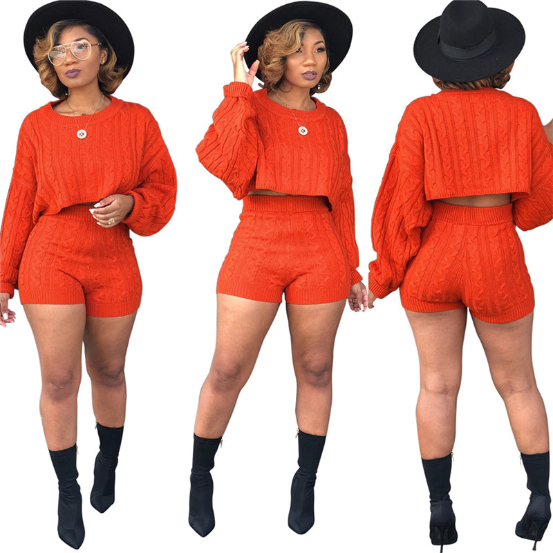 Trendy, Sexy Women Knitted Sweaters Two Piece Set O Neck Long Sleeve Loose Crop Top High Waist Shorts