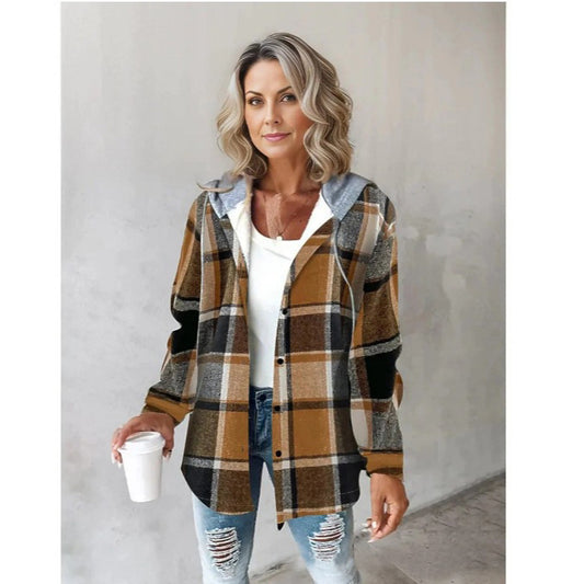 Wilhelmina Women’s Plaid Cropped Jacket with Hood – Autumn and Winter Button-Up Loose Fit Imitation Wool Coat, Streetwear Casual Outerwear | Women's large plaid style women's jacket plaid autumn and winter new style | Country Women’s Shirt