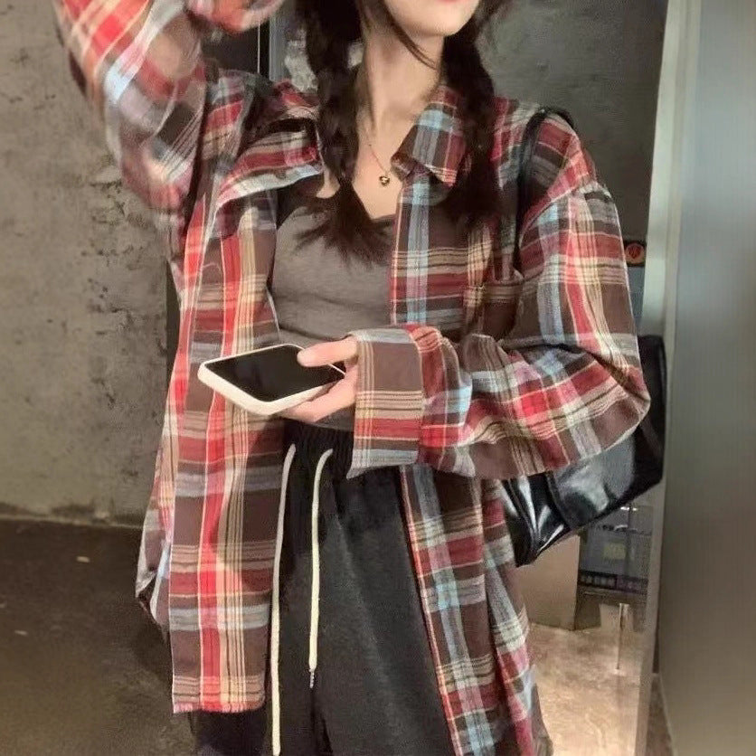 Women’s Retro Plaid Button Down Shirt – Color Block Loose Fit Blouse Top | Long Sleeve Casual Fall Layering Shirt | Mid-Length Oversized Flannel Style Sunscreen Cover-Up Retro Color Block Plaid Shirt Women Loose Fit Casual Sunscreen Blouse Top