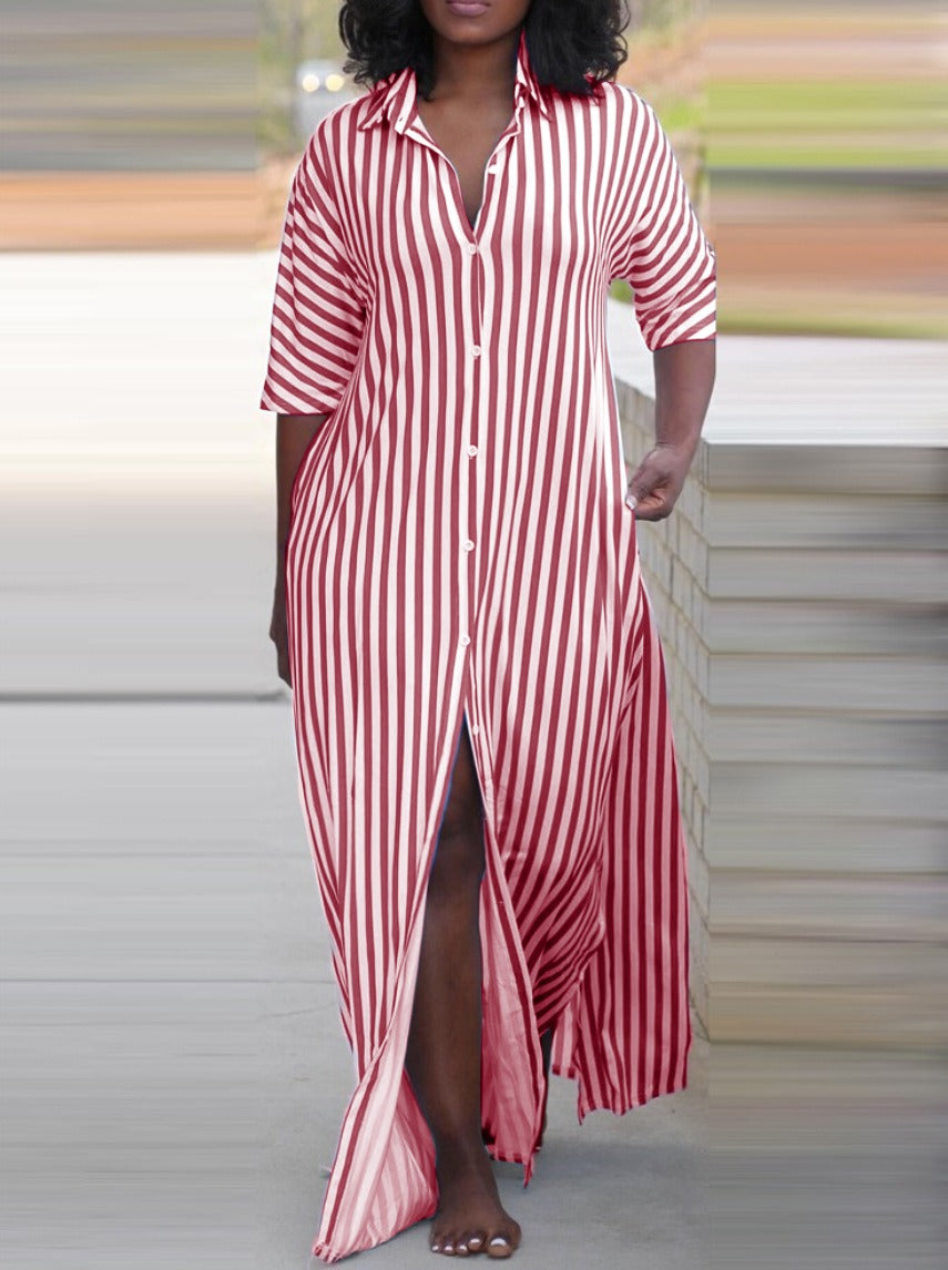 Mighty Lifestyle Loose V-Neck Long Striped Shirt Dress for Women