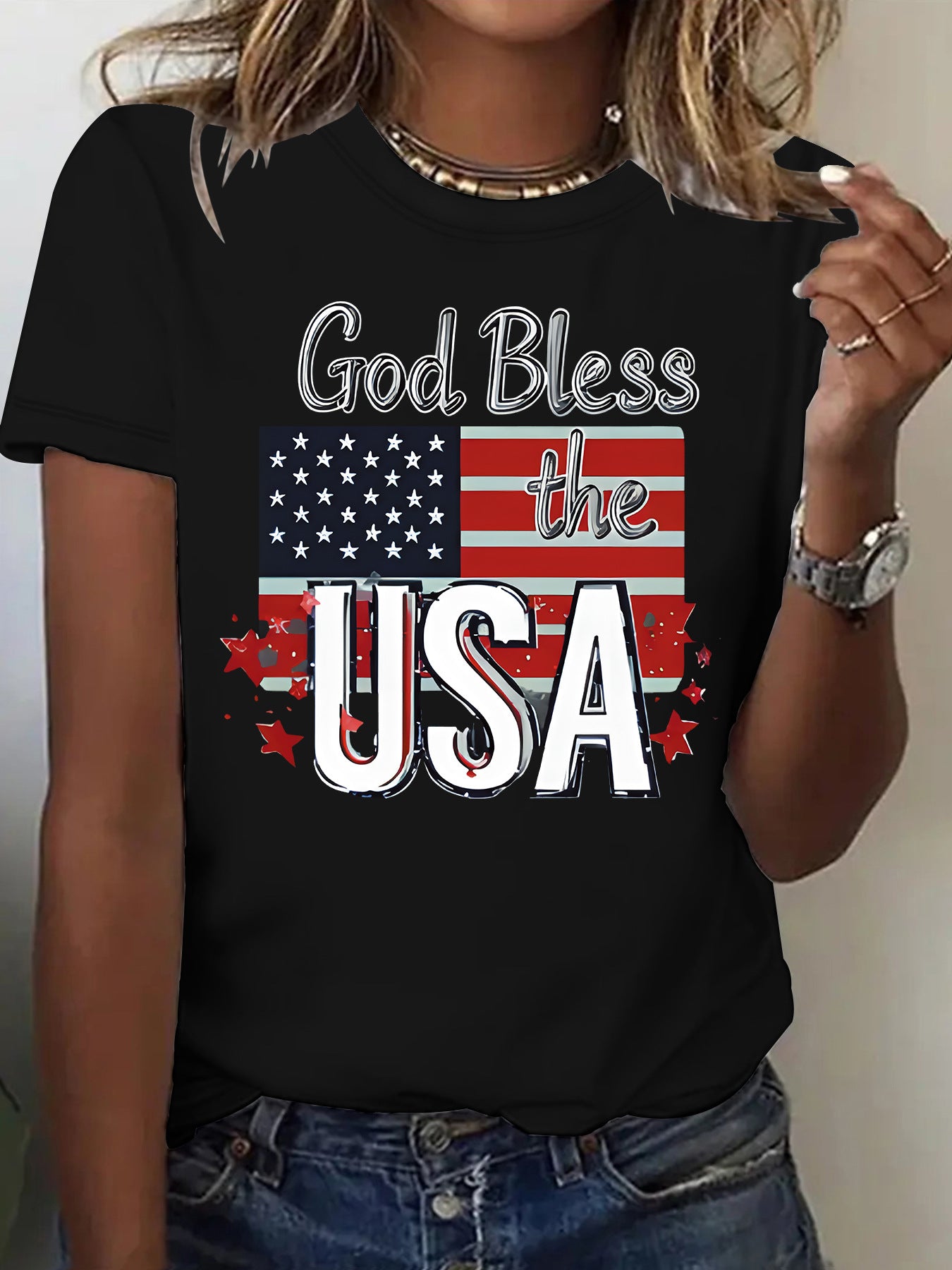 Short sleeved women's t-shirt with USA flag