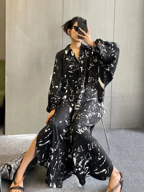 Luxury Modern Loose Chic Moo Moo Dress for Women – Printed Lantern Sleeve Oversized Long Shirt Dress | High-End Loose Fit Kaftan Style Farasha Dress