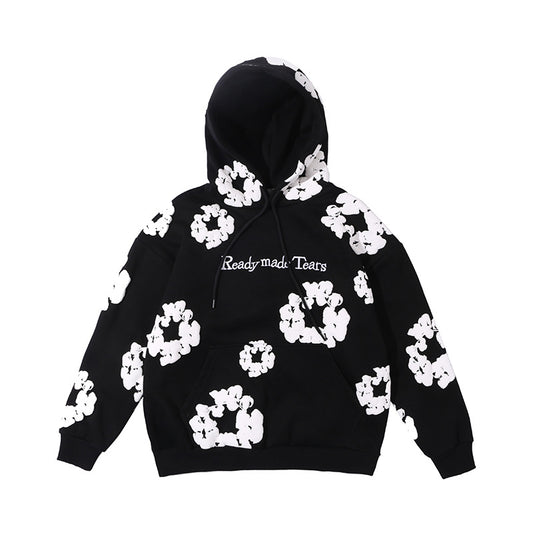 TikTok Viral High Street Floral Hoodie – Oversized Cotton Pullover with Foaming Flower Print & Embroidered Lettering | Unisex   Hoodie High Street Cotton Foaming Floral Flower Printed Letter Embroidered Casual Hoodie