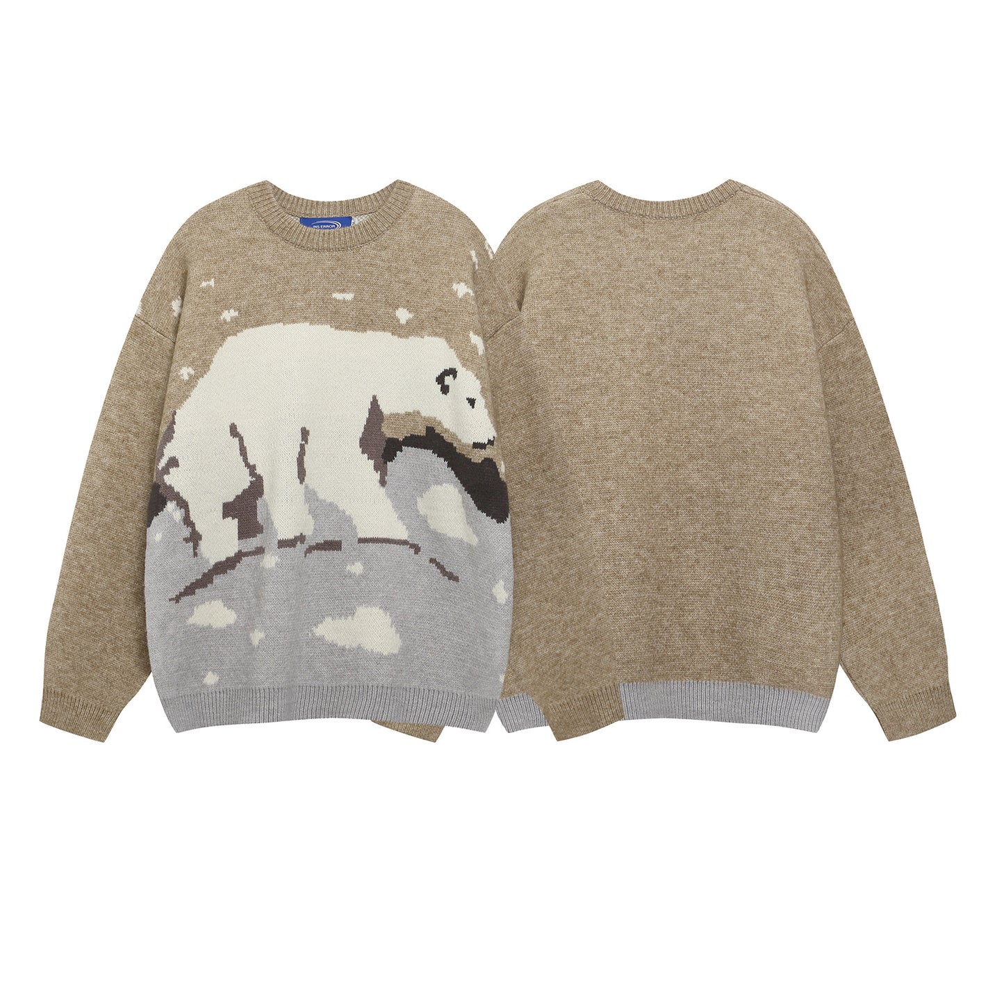 Retro Color Block Polar Bear Jacquard Crew  Sweater Unisex Loose Lazy Couple Knit Top