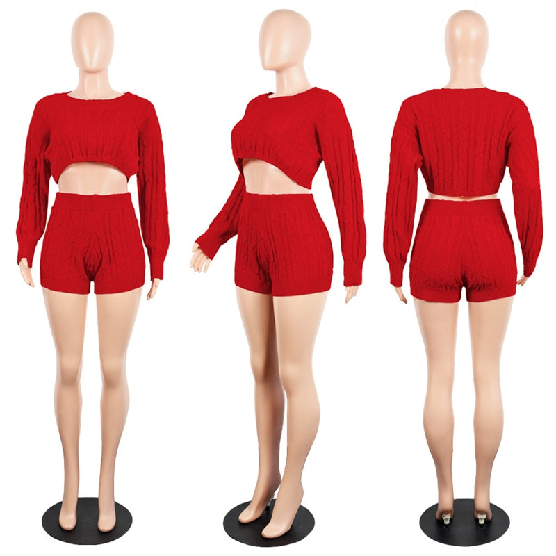 Trendy, Sexy Women Knitted Sweaters Two Piece Set O Neck Long Sleeve Loose Crop Top High Waist Shorts