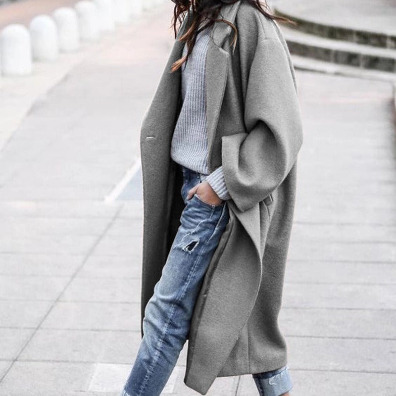 Autumn and winter women's casual long solid color warm woolen jacket