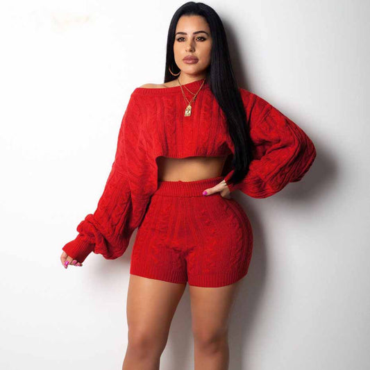 The Kerry | 2 Two Piece Set Women Clothes Autumn Winter Outfits Long Sleeve Knit Sweater Tops+Bodycon Shorts Suit Sexy Matching Sets