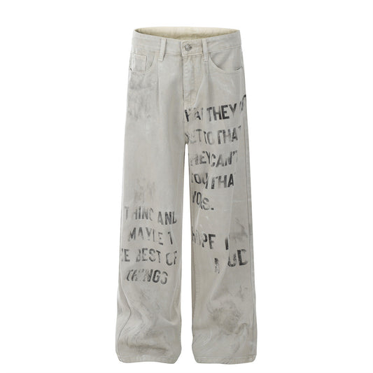 Stacked Slim Fit Jeans for Men – Viral TikTok Urban Streetwear Denim, Stretch Skinny Pants, Distressed Trendy Hip Hop Style Faded letter printed jeans