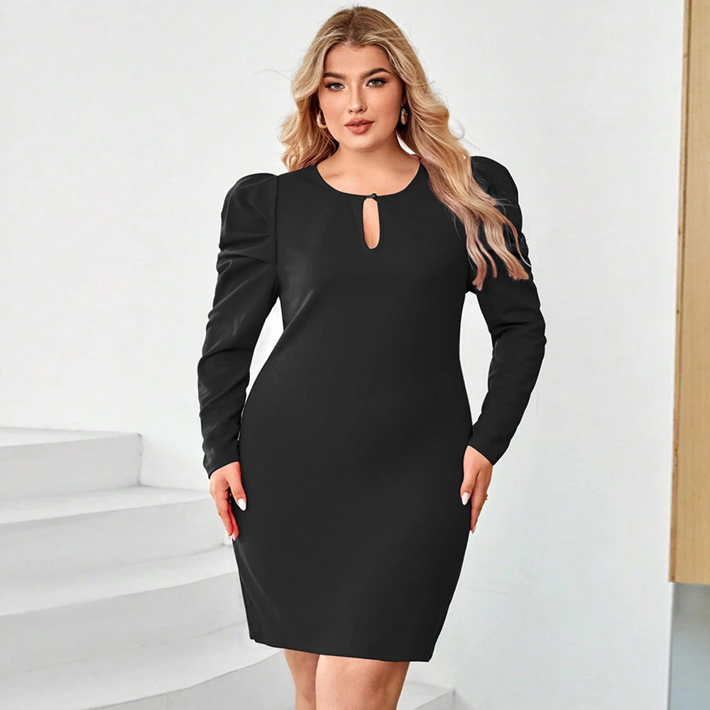 Henrietta Hollow Waist Wrap Hip Dress — Black Solid Knitted A-Line Short Skirt Dress for Women | Plus Size Fashion Dress with Hollow Out & Sheep Leg Sleeves