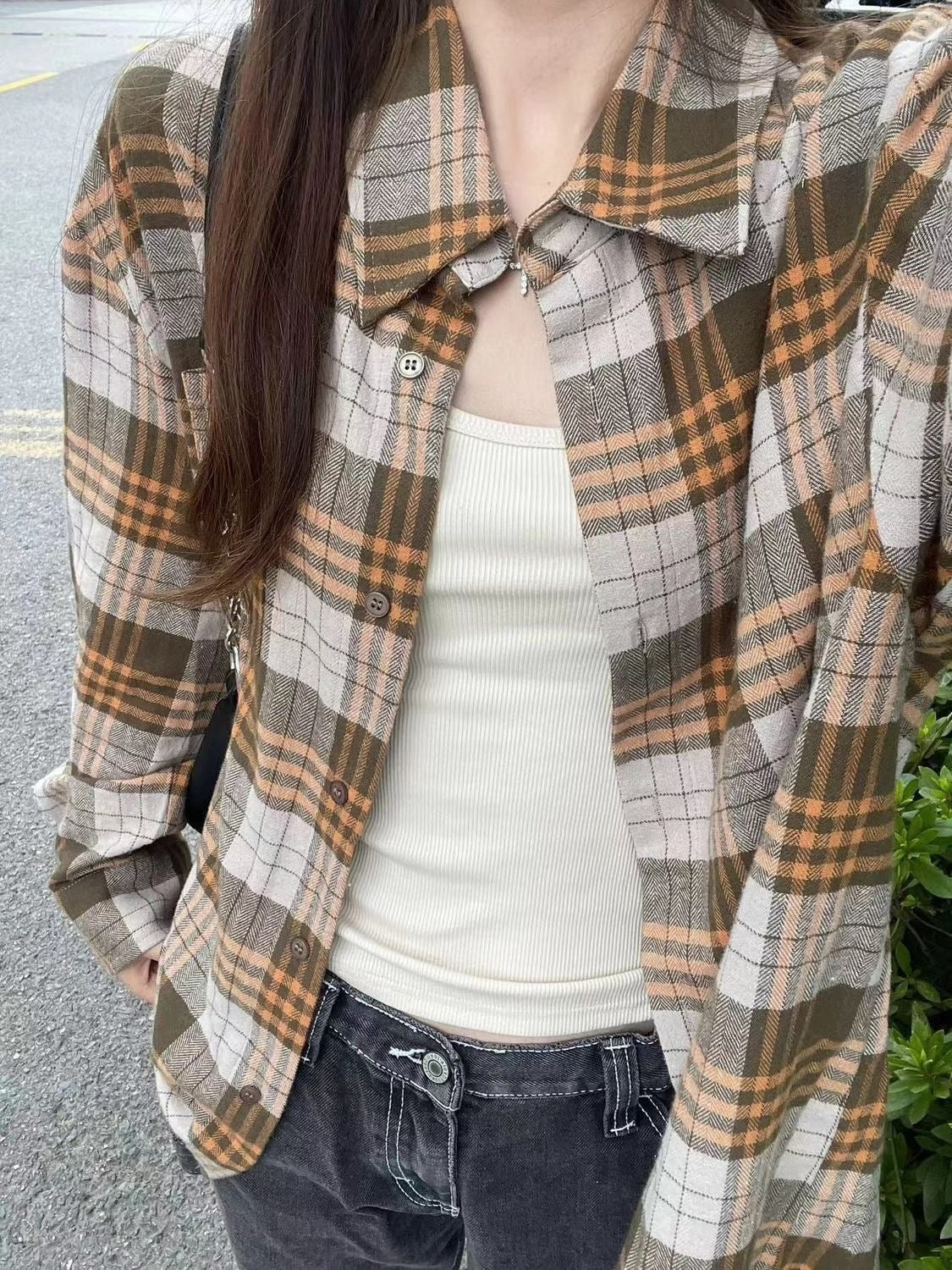 Women’s Plaid Button Up Shacket – Casual Loose Fit Long Sleeve Polo Collar Fall Jacket | Khaki Plaid Cardigan Blouse Top for Layering | Cozy Fall Outfit