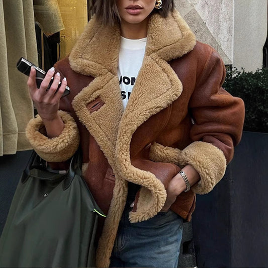 Women’s Shearling Fur Collar Jacket – Brown Faux Lamb Wool Coat for Fall & Winter, Loose Fit Button-Up Streetwear Outerwear | European and American collar long sleeved fur one-piece jacket, autumn and winter lamb wool loose and warm comfortable m jacket