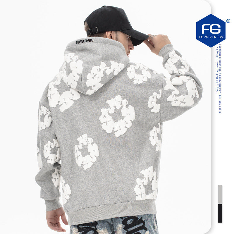 TikTok Viral High Street Floral Hoodie – Oversized Cotton Pullover with Foaming Flower Print & Embroidered Lettering | Unisex   Hoodie High Street Cotton Foaming Floral Flower Printed Letter Embroidered Casual Hoodie