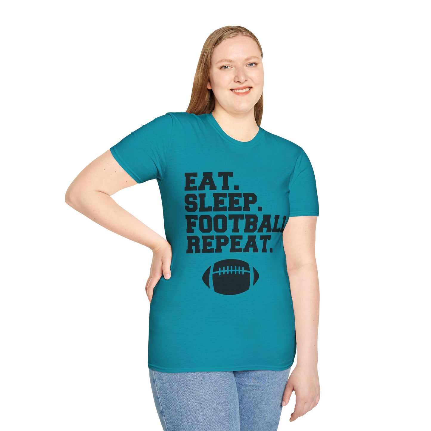 Eat Sleep Football Repeat Football Shirt | Tackle and Flag Football Shirt | Sports Shirt | Football Player Shirt | Mighty Lifestyle |  Softstyle T-Shirt