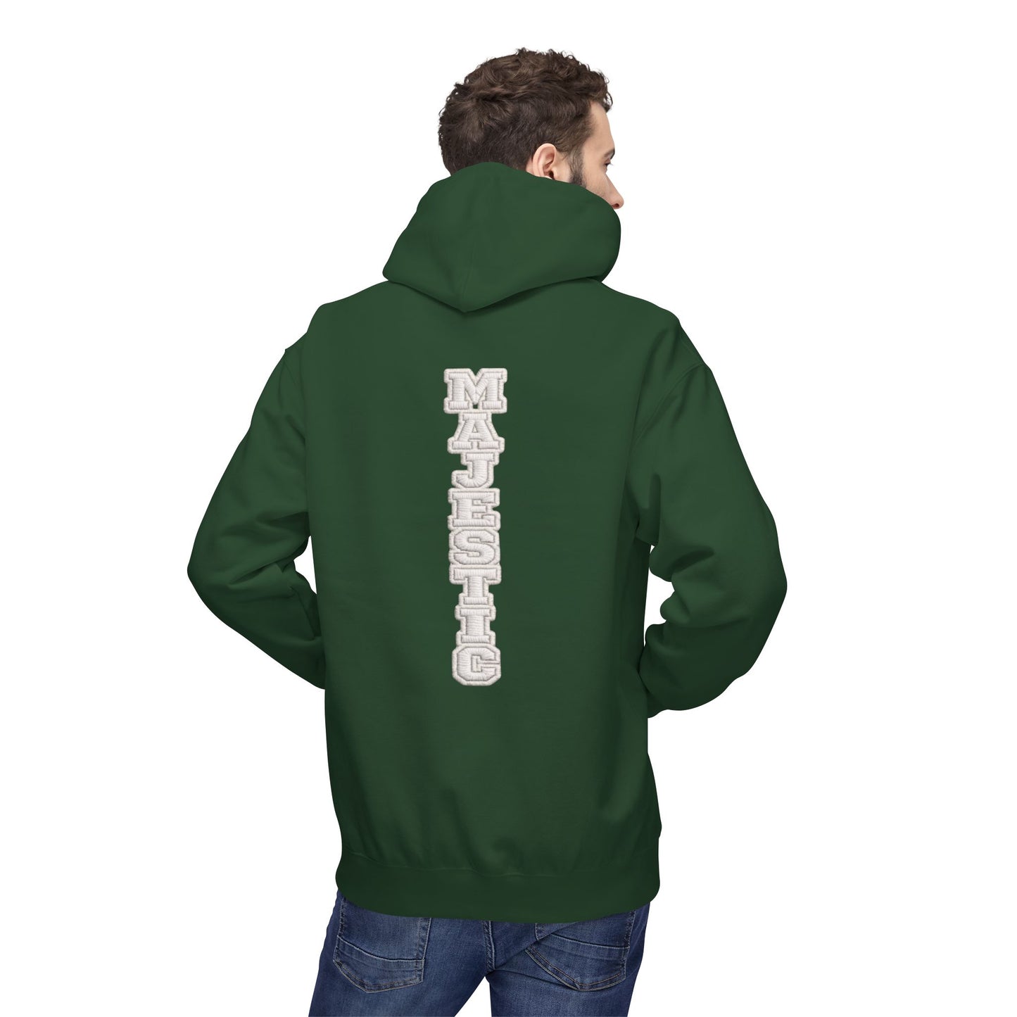 Majestic Vertical Text Hoodie — Minimal White Graphic Pullover Christian Hoodie Godly Hoodie Sports Hoodie Mighty Lifestyle Hoodie