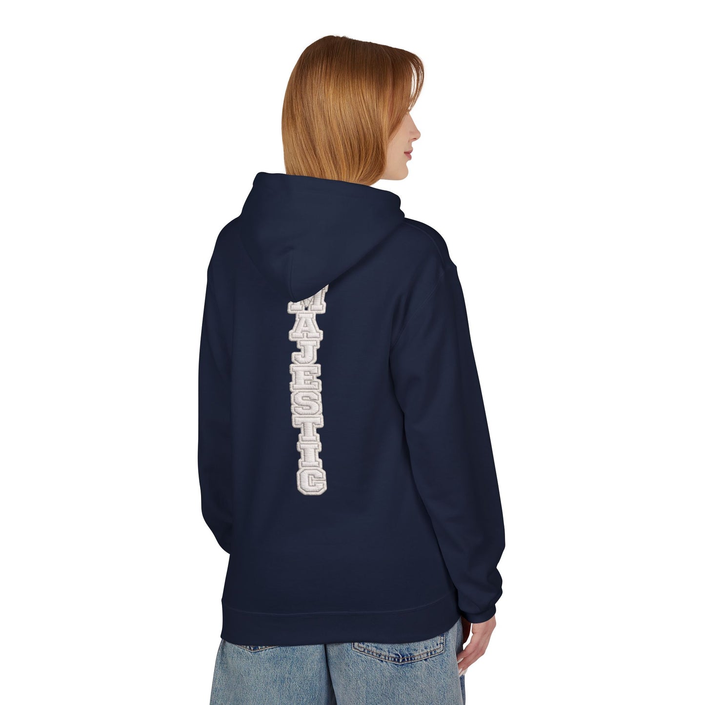 Majestic Vertical Text Hoodie — Minimal White Graphic Pullover Christian Hoodie Godly Hoodie Sports Hoodie Mighty Lifestyle Hoodie
