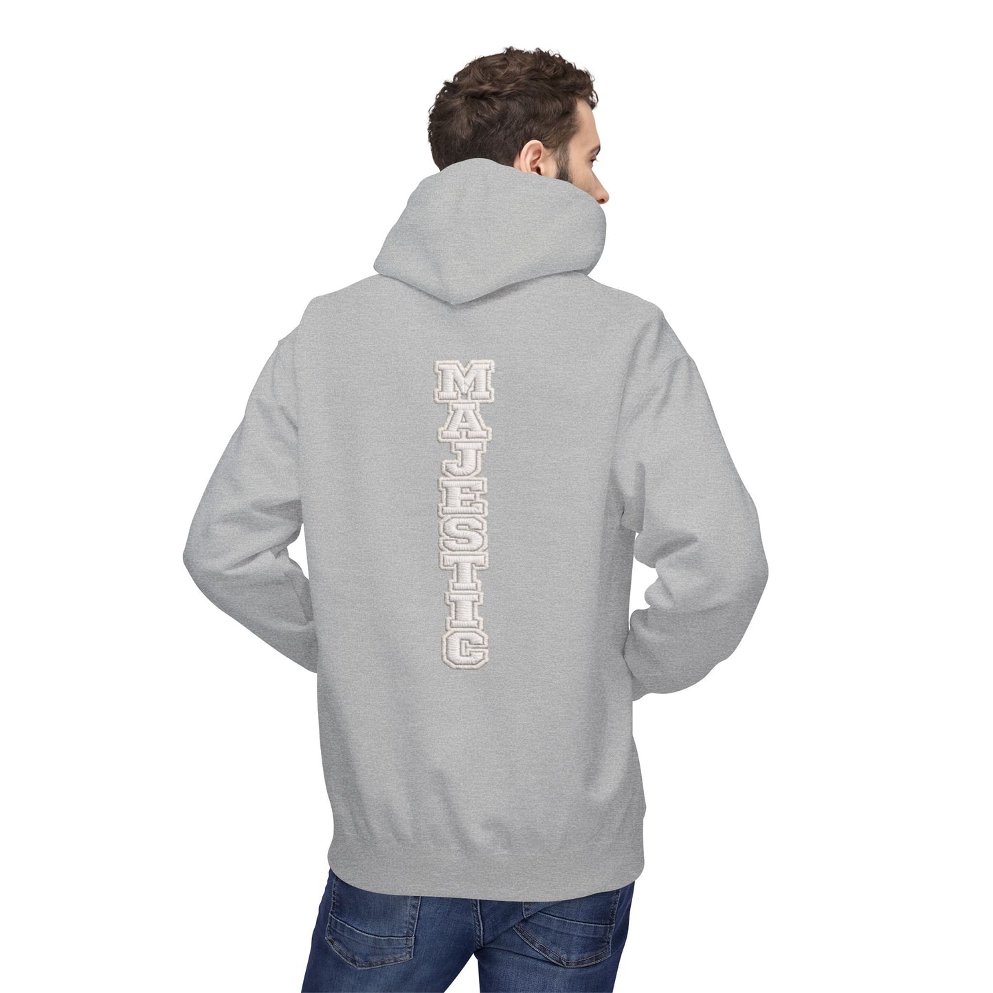 Majestic Vertical Text Hoodie — Minimal White Graphic Pullover Christian Hoodie Godly Hoodie Sports Hoodie Mighty Lifestyle Hoodie