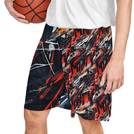 Abstract Reds Graffiti Basketball Shorts — 'Mighty' Long Gym Shorts, Sports Shorts