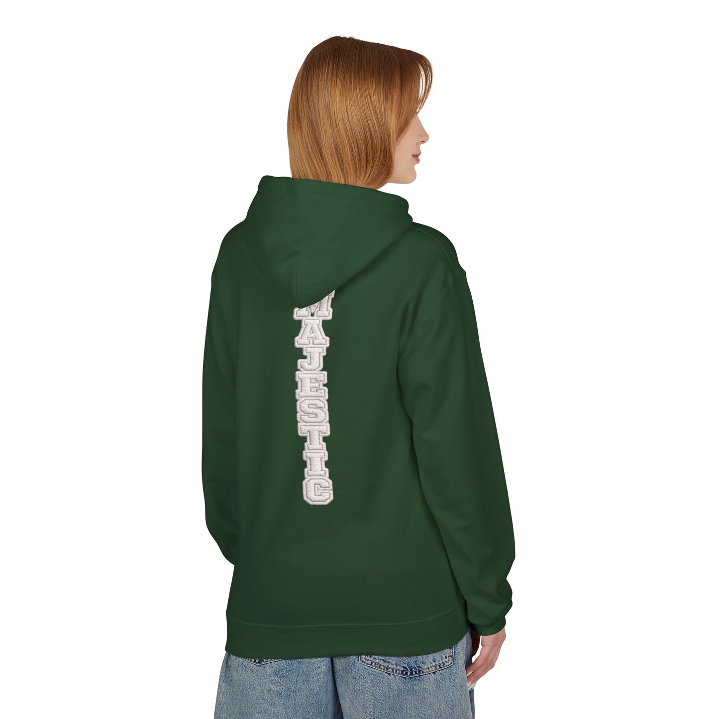 Majestic Vertical Text Hoodie — Minimal White Graphic Pullover Christian Hoodie Godly Hoodie Sports Hoodie Mighty Lifestyle Hoodie
