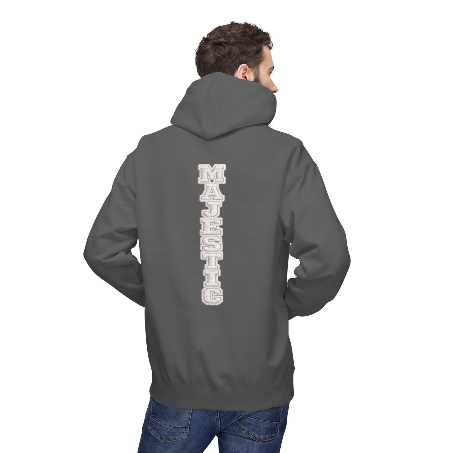 Majestic Vertical Text Hoodie — Minimal White Graphic Pullover Christian Hoodie Godly Hoodie Sports Hoodie Mighty Lifestyle Hoodie