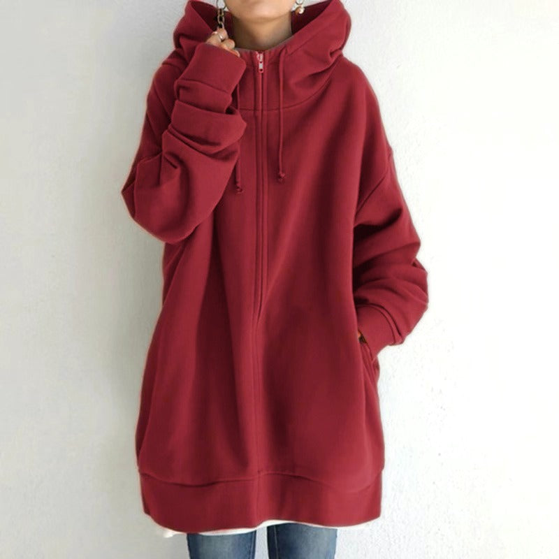 Street Style Plush Zip-Up Hoodie – Long Sleeve Solid Color Cardigan for Autumn & Winter, European and American Fashion Autumn and Winter New Personalized Street Sweater Zipper Hooded Long Plush Sweater