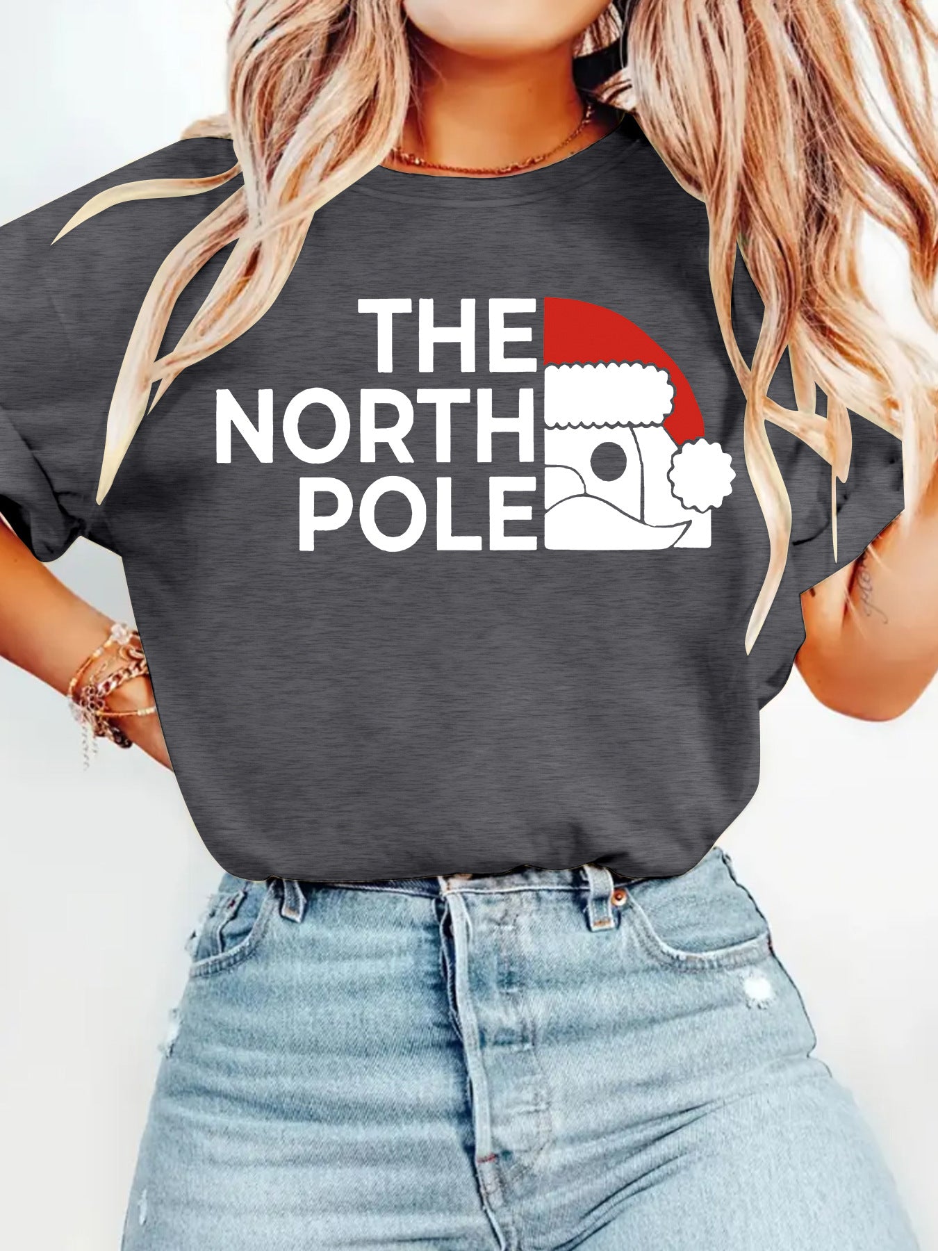 Short sleeved women's T-shirt with loose Santa Claus print Christmas Shirt North Pole