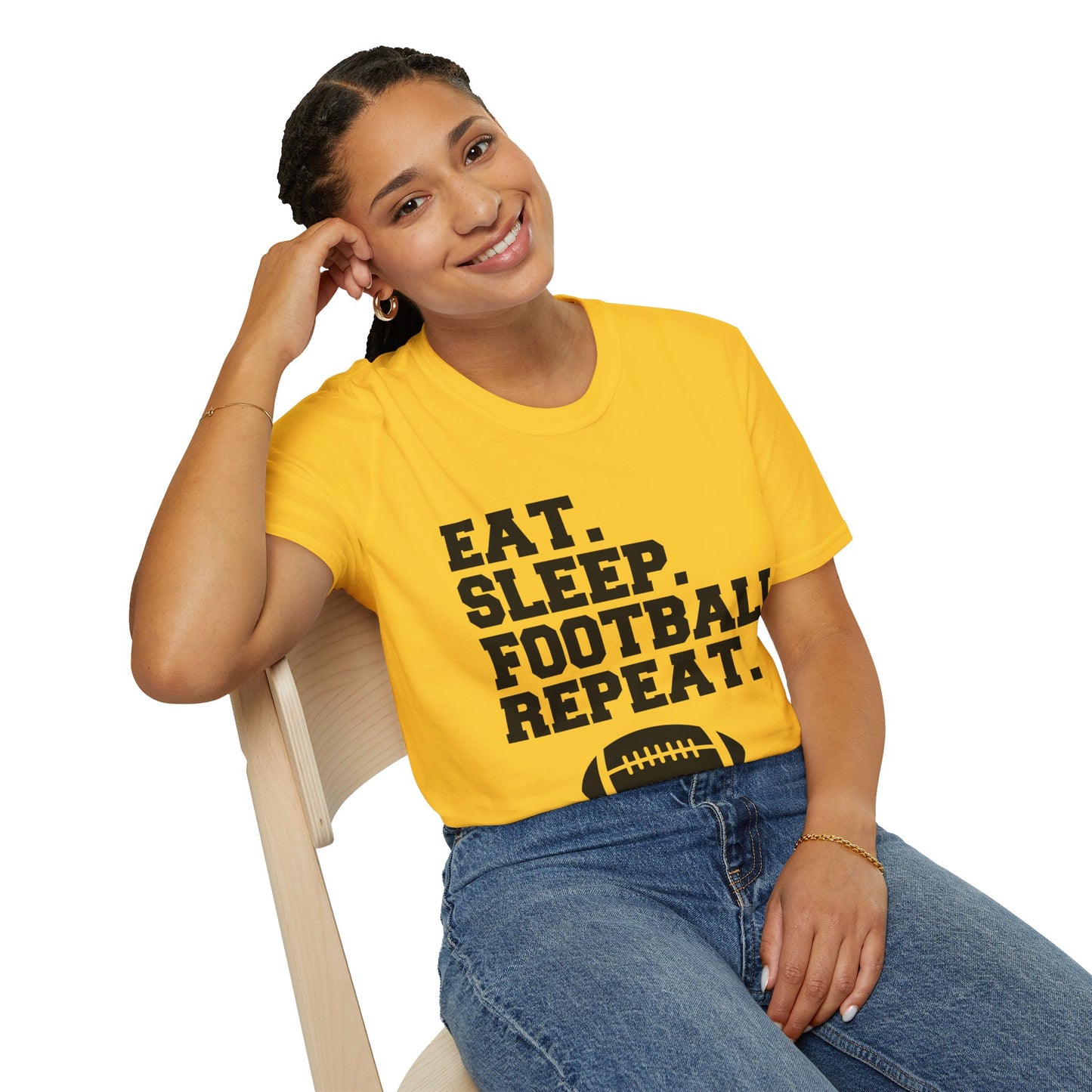 Eat Sleep Football Repeat Football Shirt | Tackle and Flag Football Shirt | Sports Shirt | Football Player Shirt | Mighty Lifestyle |  Softstyle T-Shirt