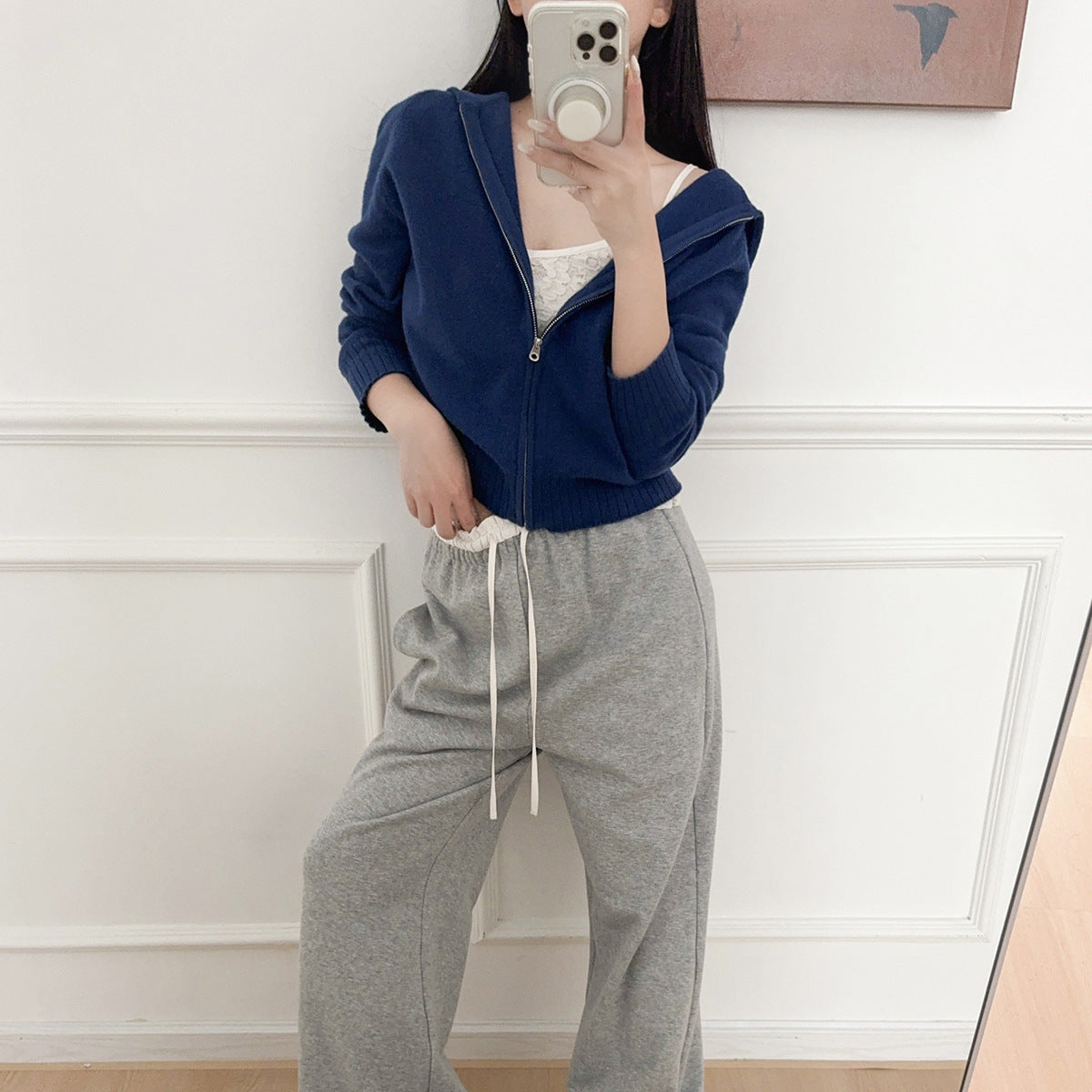 Knitted Zip-Up Hoodie Short Jacket Women's Comfy Streetwear-Style Casual Long Pants Belted Set