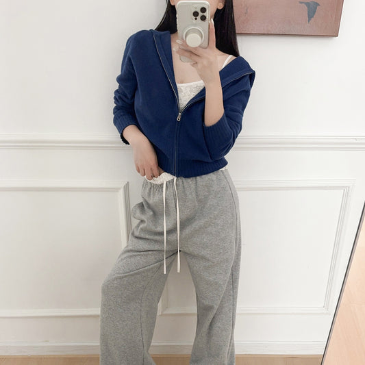 Knitted Zip-Up Hoodie Short Jacket Women's Comfy Streetwear-Style Casual Long Pants Belted Set