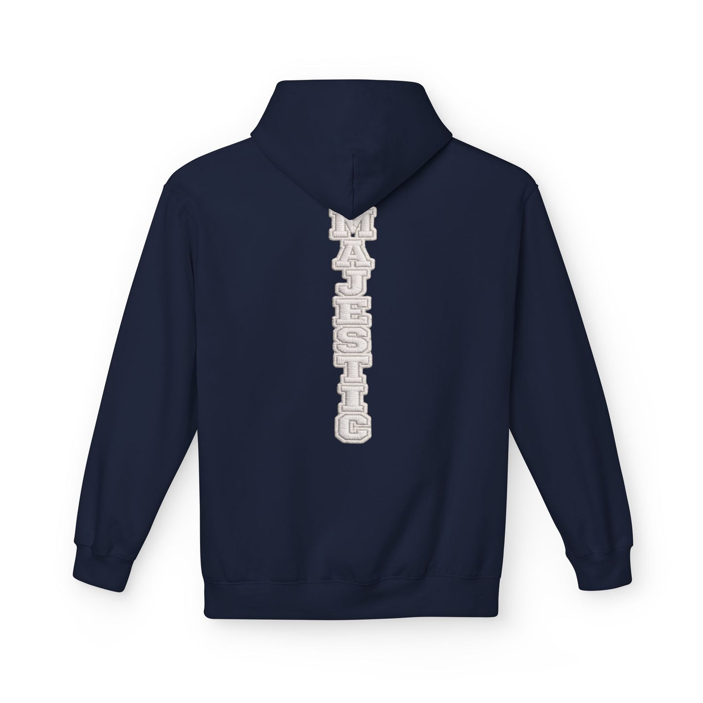 Majestic Vertical Text Hoodie — Minimal White Graphic Pullover Christian Hoodie Godly Hoodie Sports Hoodie Mighty Lifestyle Hoodie