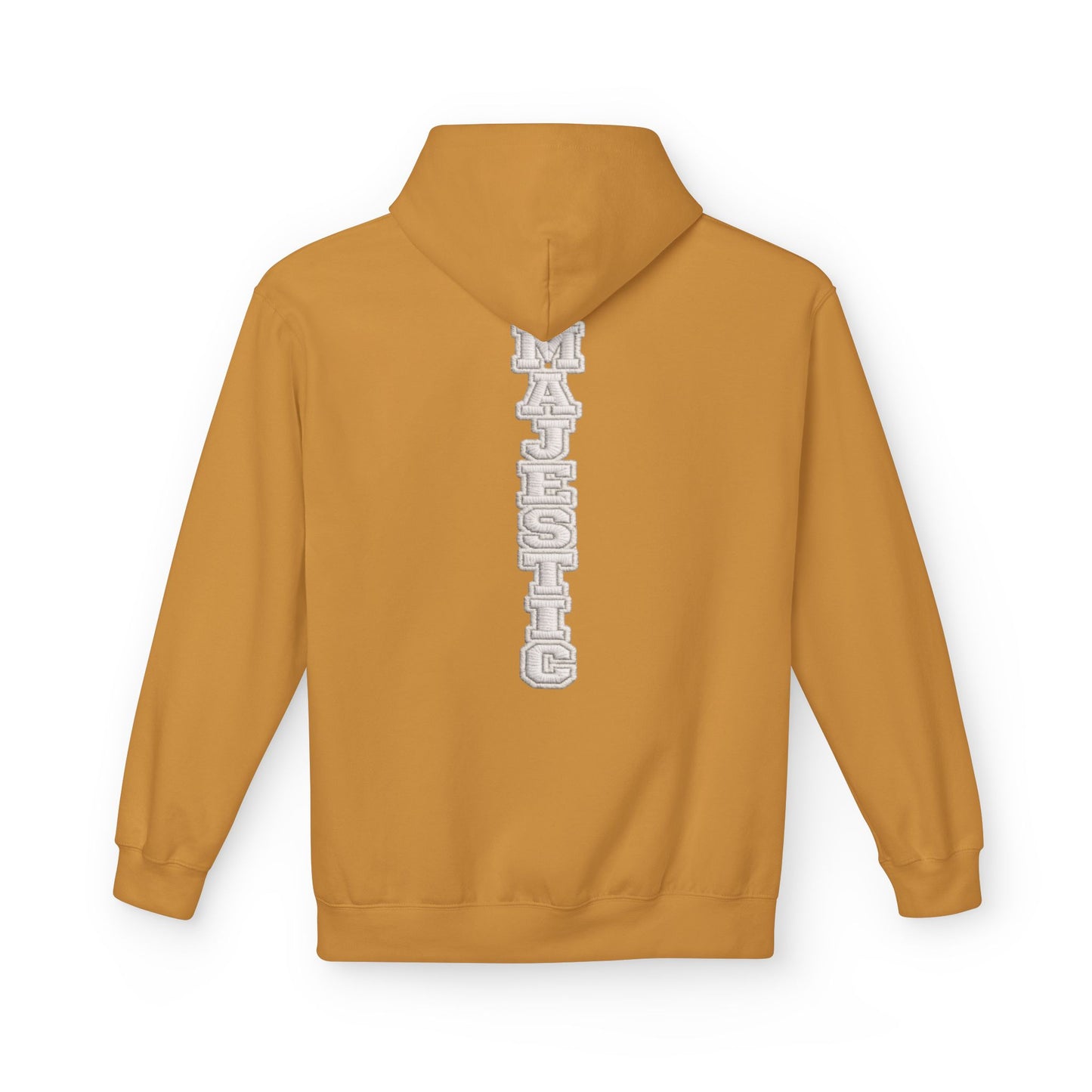 Majestic Vertical Text Hoodie — Minimal White Graphic Pullover Christian Hoodie Godly Hoodie Sports Hoodie Mighty Lifestyle Hoodie