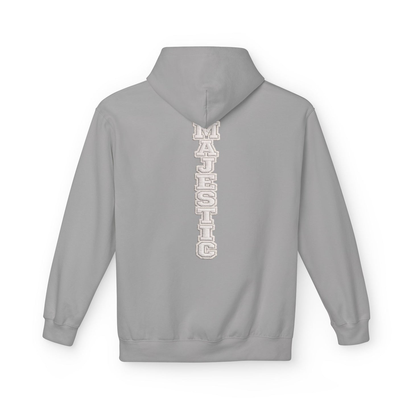 Majestic Vertical Text Hoodie — Minimal White Graphic Pullover Christian Hoodie Godly Hoodie Sports Hoodie Mighty Lifestyle Hoodie