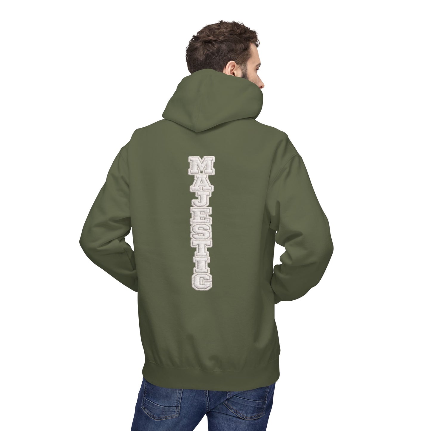 Majestic Vertical Text Hoodie — Minimal White Graphic Pullover Christian Hoodie Godly Hoodie Sports Hoodie Mighty Lifestyle Hoodie