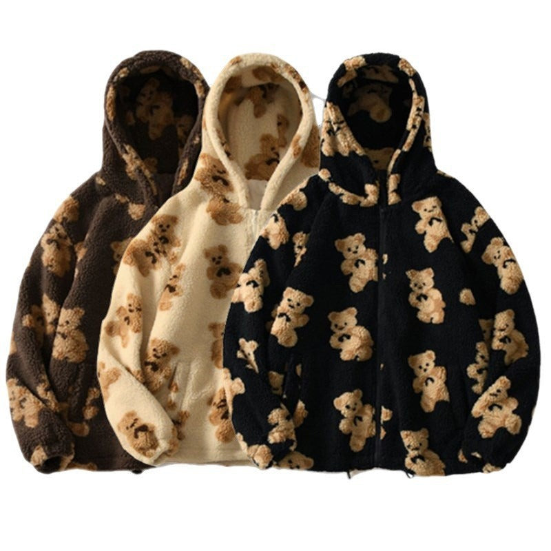 Women’s Teddy Bear Plush Hoodie – Cozy Thickened Winter Zip-Up Sweatshirt with Pockets | Soft Cartoon Bear Print Fleece Jacket | Viral Aesthetic Fall Sweater