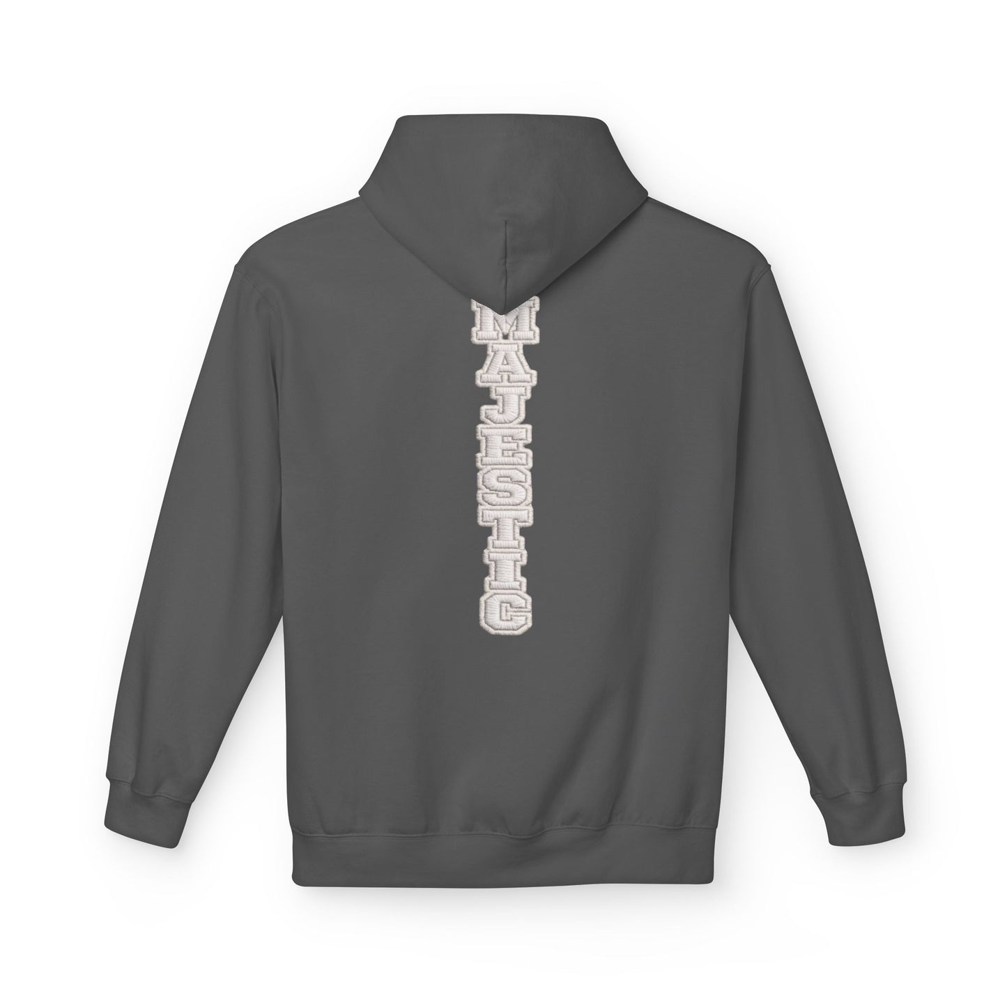 Majestic Vertical Text Hoodie — Minimal White Graphic Pullover Christian Hoodie Godly Hoodie Sports Hoodie Mighty Lifestyle Hoodie