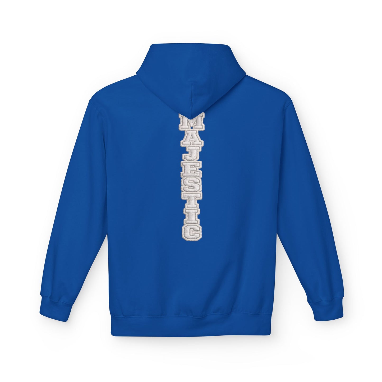 Majestic Vertical Text Hoodie — Minimal White Graphic Pullover Christian Hoodie Godly Hoodie Sports Hoodie Mighty Lifestyle Hoodie