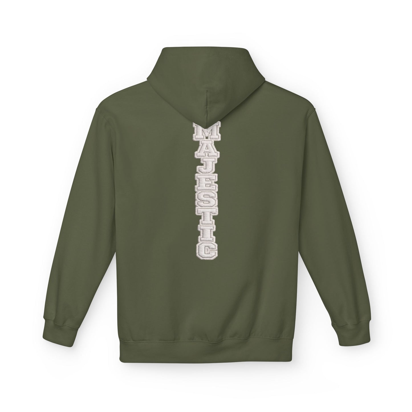 Majestic Vertical Text Hoodie — Minimal White Graphic Pullover Christian Hoodie Godly Hoodie Sports Hoodie Mighty Lifestyle Hoodie