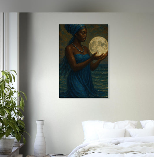 Yemaya Holding Full Moon Canvas Art – Beautiful Ocean Scene Wall Décor
